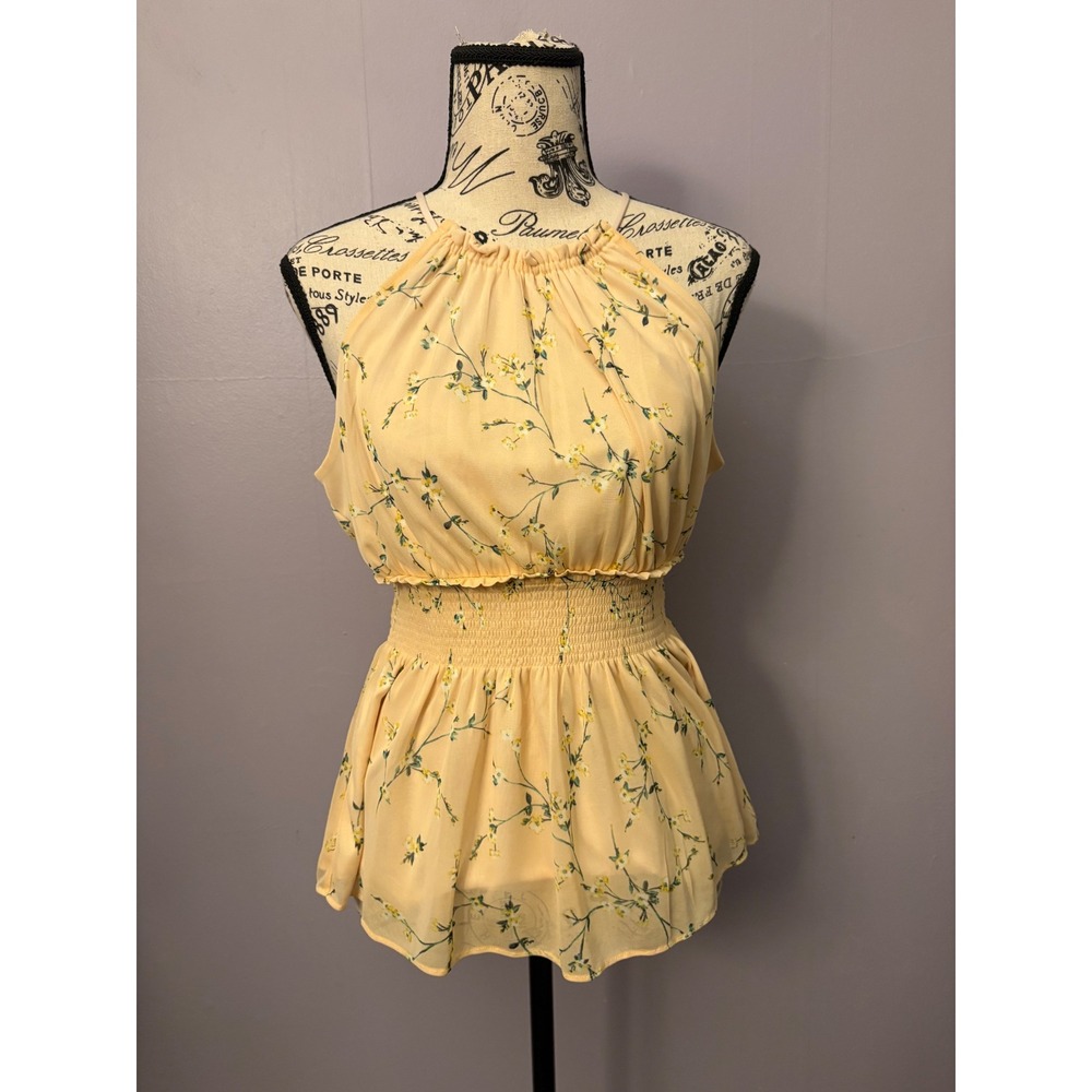 Yellow Floral Halter Top Smocked Peplum Blouse Summer Spring Dainty Féminine S